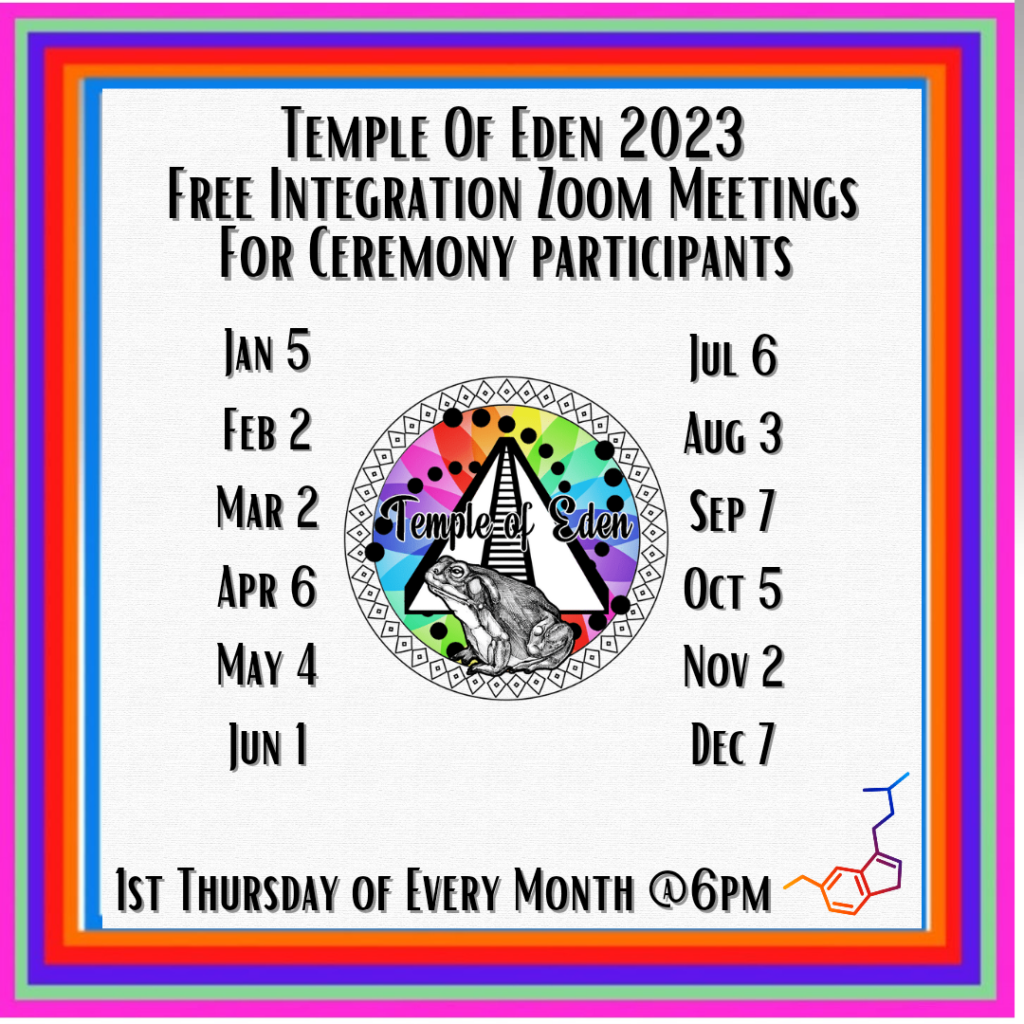 Temple of Eden Integration Call 2023 Schedule - First Thursday of Every Month: January 5, February 2, March 2, April 6, May 4, June 1, July 6, August 3, September 7, October 5, November 2, December 7